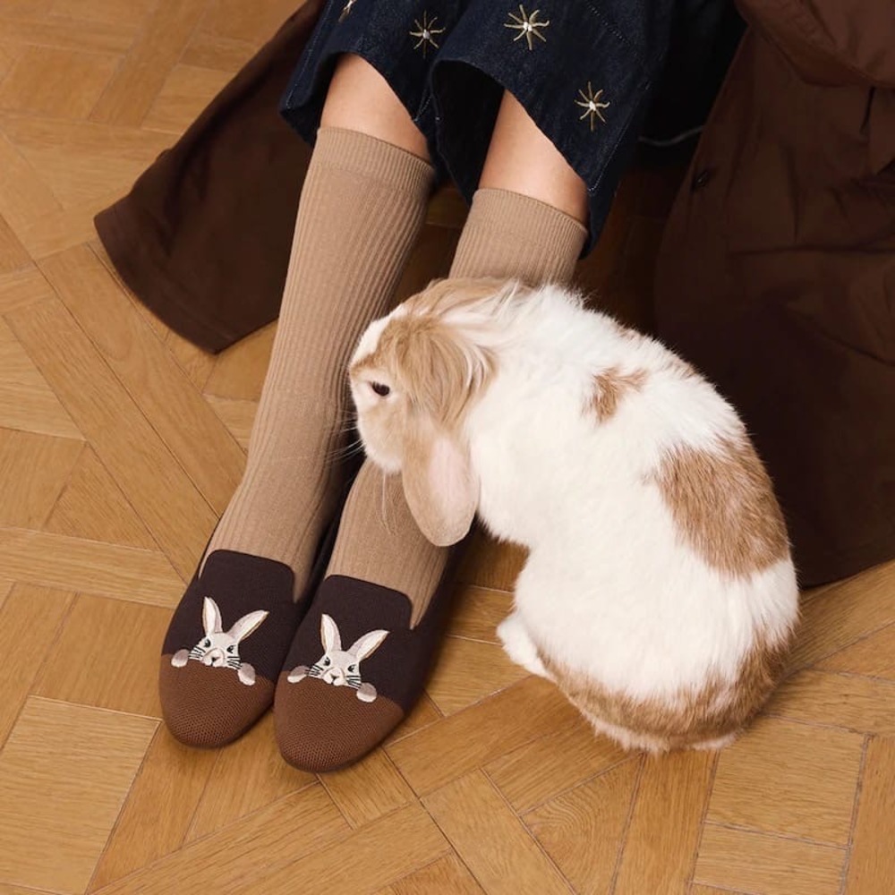 VIVAIA Pointed Toe Loafers Brown Knit Bunny Embroidered Flats Size EU 40 US 9